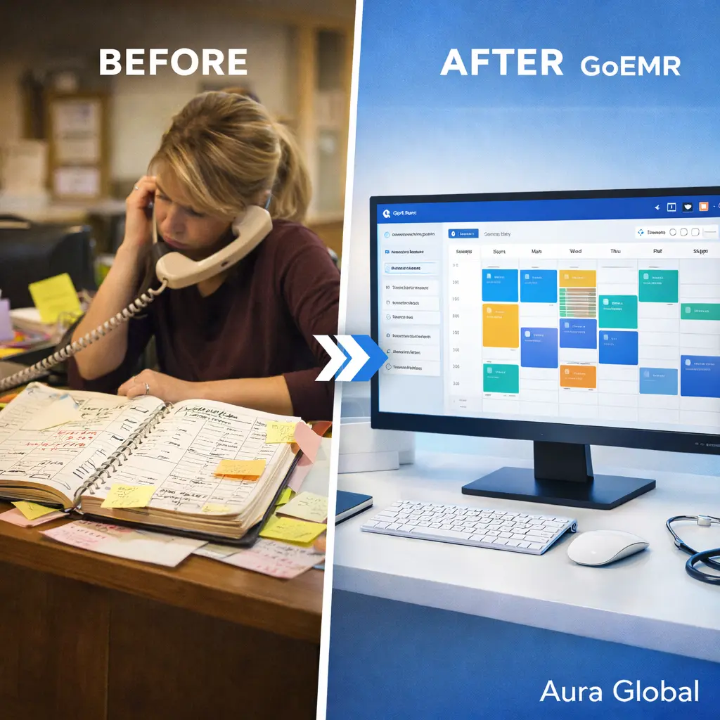 A clean, modern clinic scheduling interface with color-coded appointments replacing a cluttered paper appointment book