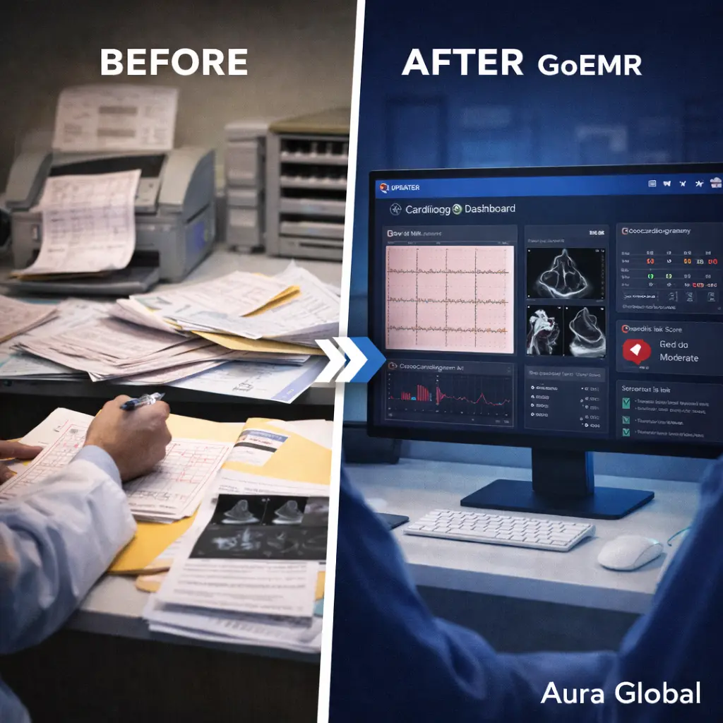 A side-by-side comparison showing a cardiologist's desk piled with printed ECG strips and paper echo reports versus a clean GoEMR Cardiology Dashboard with interactive ECG tracings, echocardiogram summaries, and blood pressure trend charts