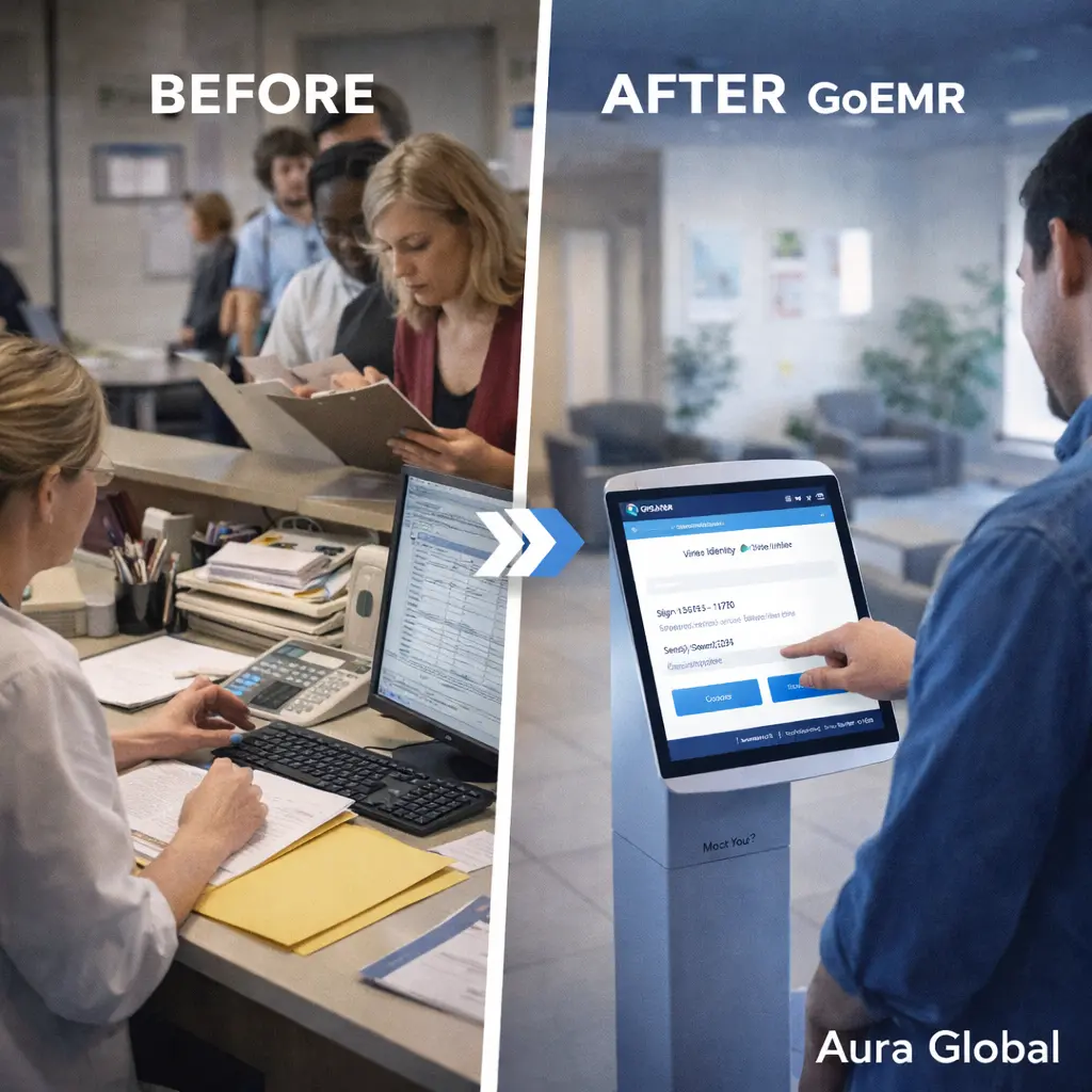 A side-by-side comparison showing a long line of patients at a clinic reception desk filling out paper clipboards versus a modern clinic lobby with a sleek GoEMR check-in kiosk where a patient taps a tablet to confirm their details