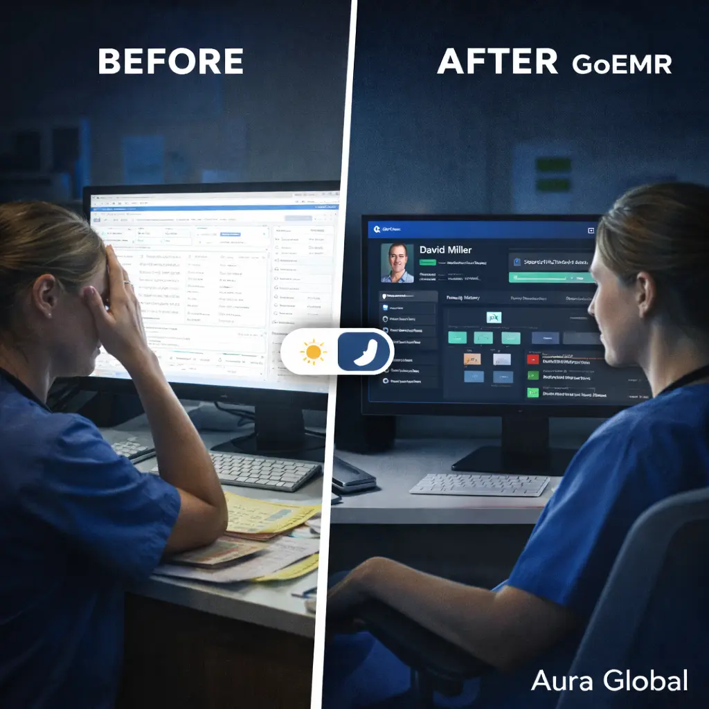 A side-by-side comparison of GoEMR in light mode and dark mode, showing a clean medical interface with high contrast and readable text in both themes