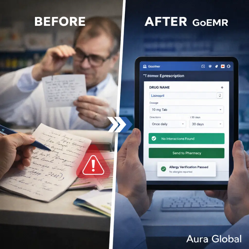 A side-by-side comparison showing a doctor struggling to read a handwritten prescription versus a clean GoEMR e-prescription interface with drug interaction checks and allergy verification
