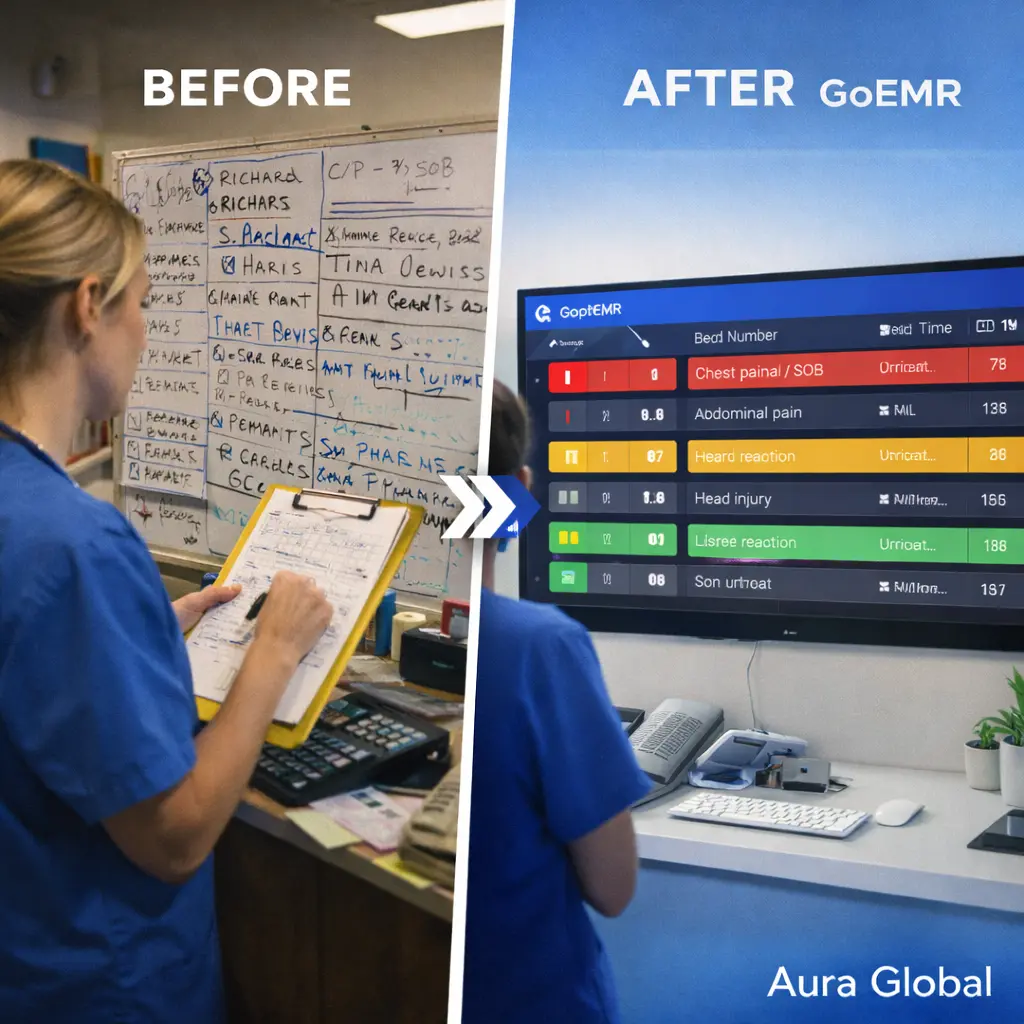 A real-time emergency department board showing color-coded triage levels, bed assignments, and patient statuses on a modern digital display