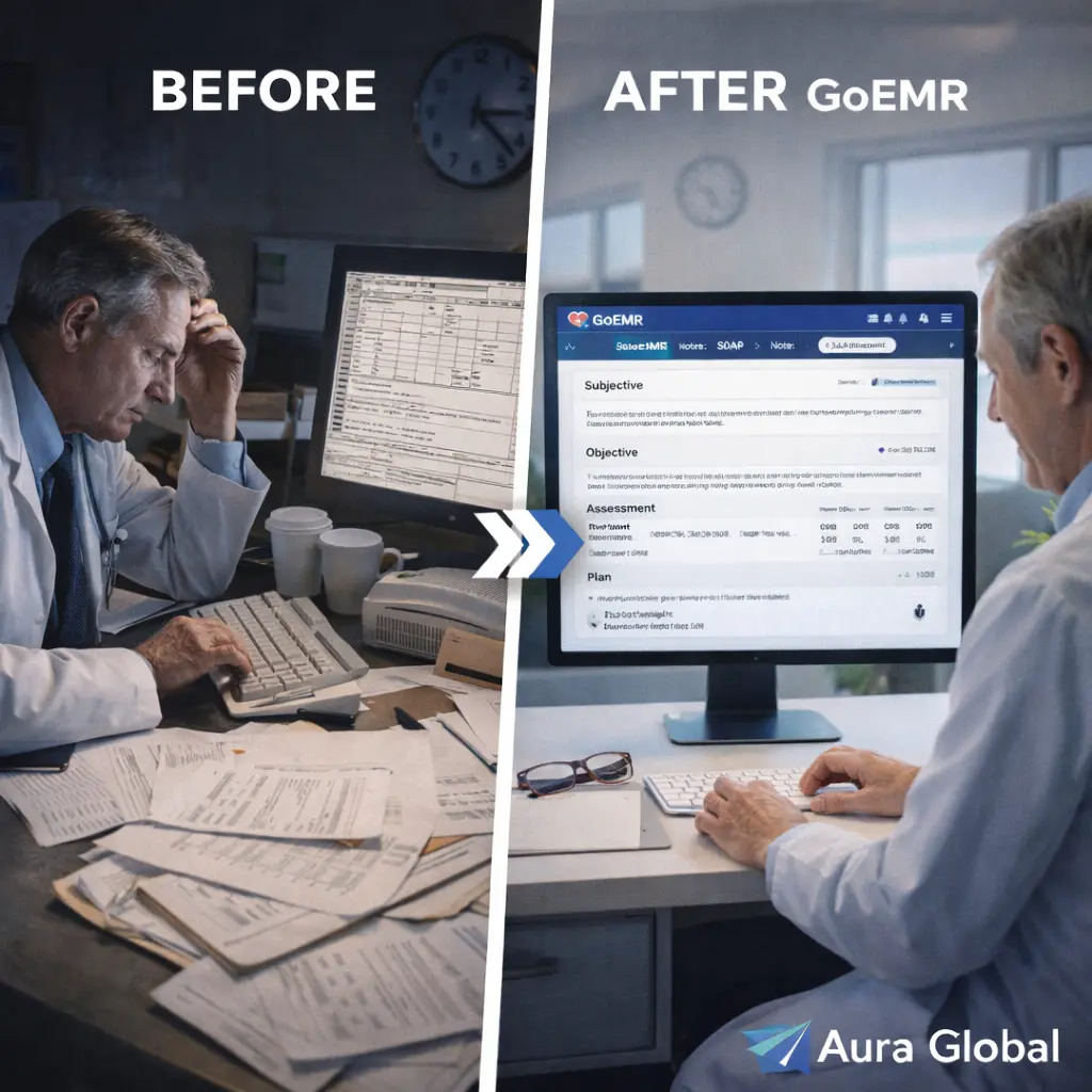 A side-by-side comparison showing a tired doctor at a desk late at night typing on a legacy EMR versus the same doctor relaxed during daytime using GoEMR's clean SOAP note interface with smart templates and voice dictation