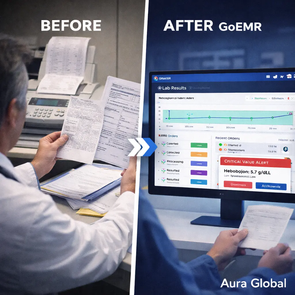A side-by-side comparison showing a fax machine printing lab results on thermal paper with a doctor holding a faded printout versus a clean GoEMR Lab Results interface with interactive trend charts, real-time order status, and critical value alerts