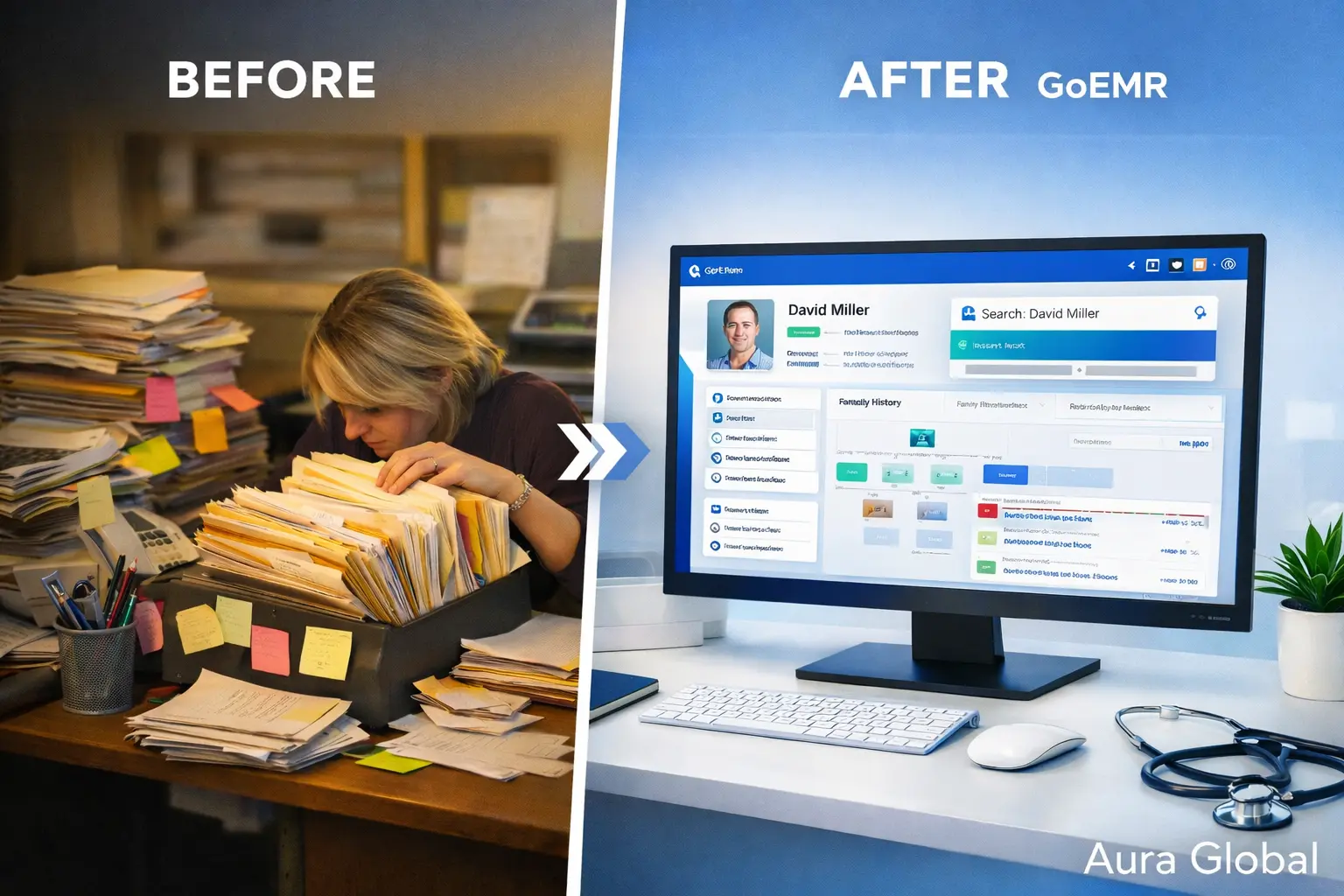 A modern clinic workspace with a digital patient management interface on screen, replacing stacks of paper charts