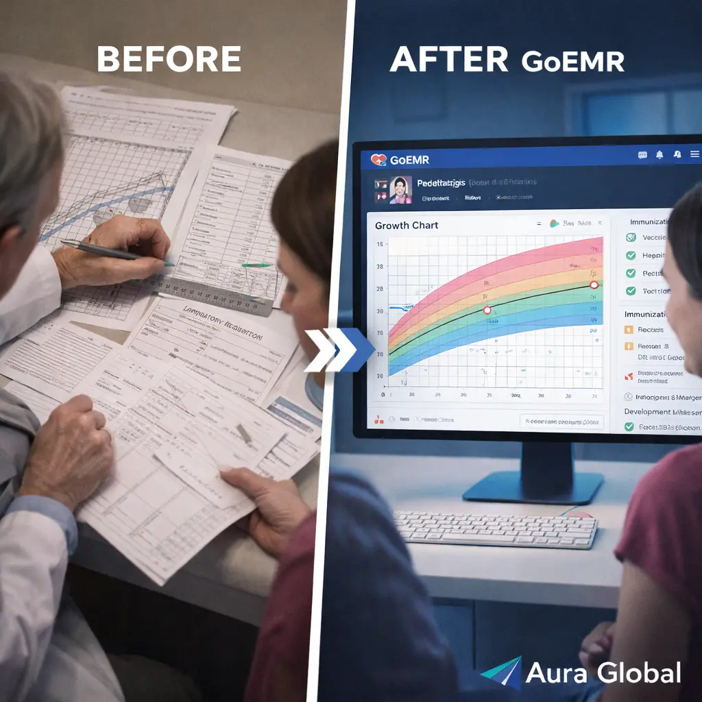 A side-by-side comparison showing a pediatrician manually plotting points on a paper growth chart with incomplete immunization records versus GoEMR's Pediatrics dashboard with interactive digital growth charts, immunization trackers, and developmental milestone checklists