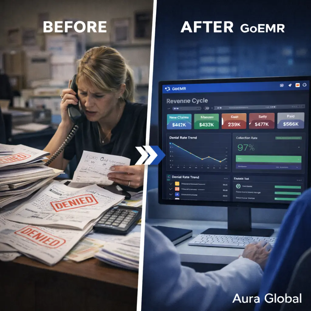 A side-by-side comparison showing a billing office desk piled with denied claims and a stressed specialist versus a clean GoEMR Revenue Cycle dashboard with claim pipelines and collection rate charts