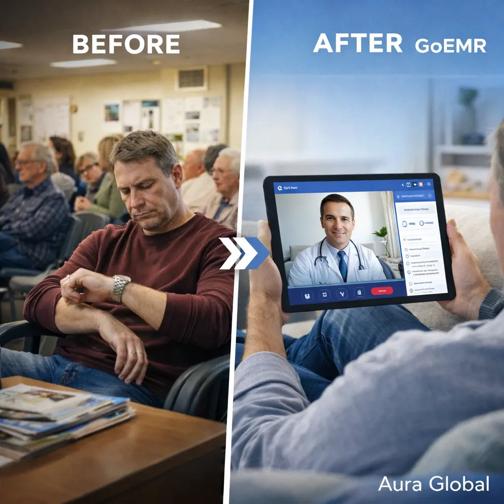 A patient comfortably at home having a video consultation with their doctor through GoEMR's telehealth interface on a tablet