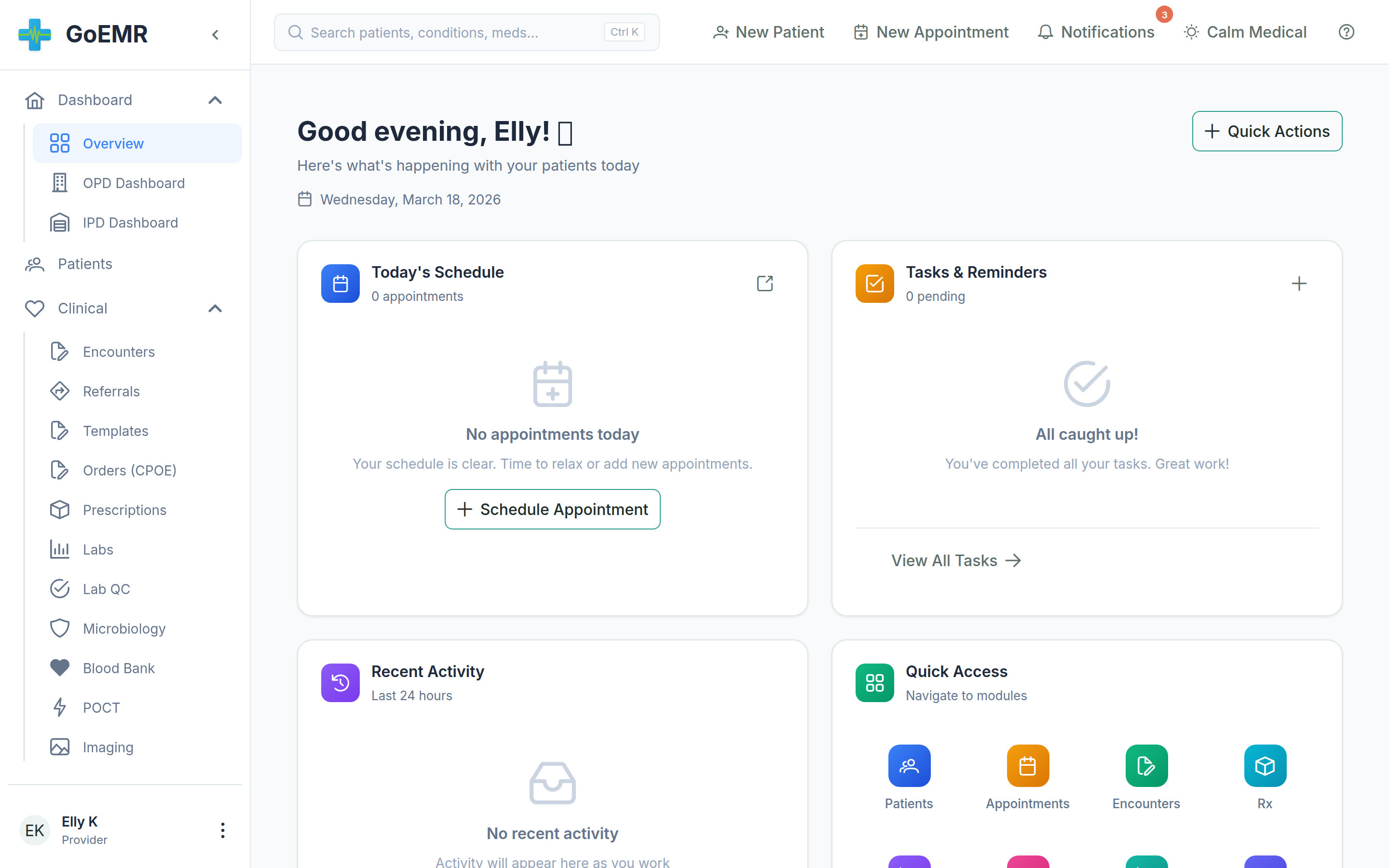 GoEMR Electronic Medical Records dashboard showing Dr. Elly's clinical workflow