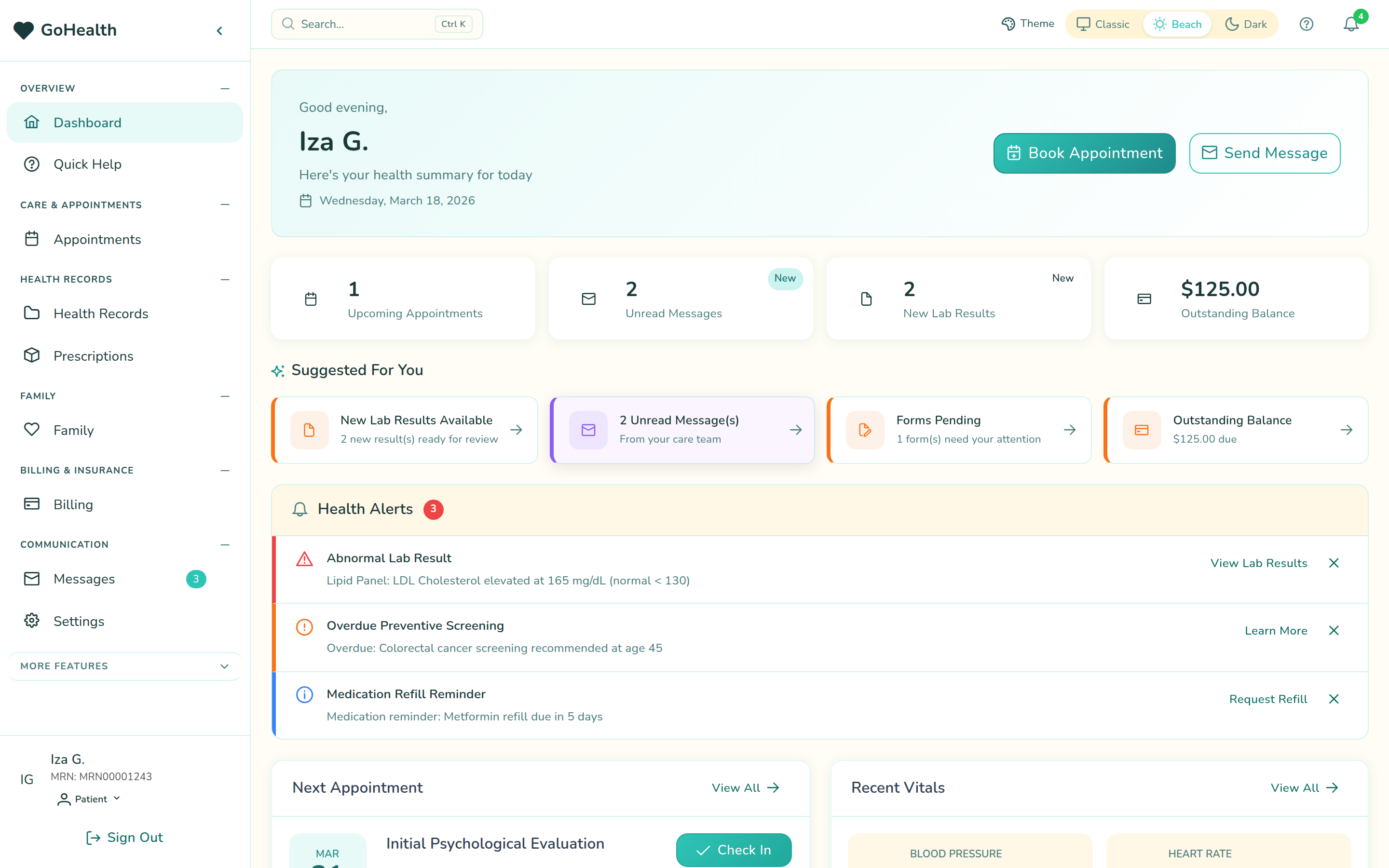 GoHealth Patient Portal showing Iza G.'s health dashboard with appointments and lab results